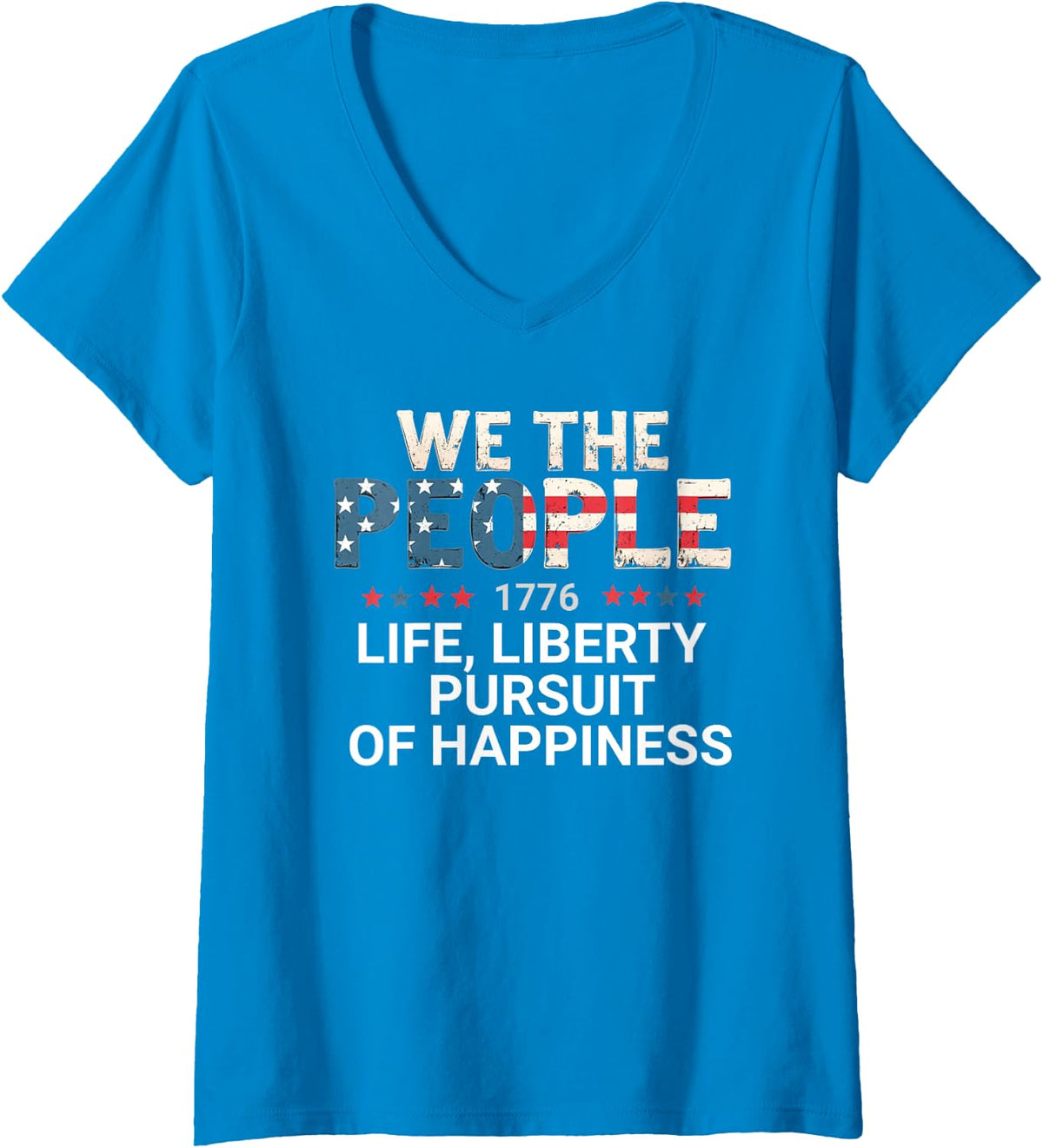 Womens 1776 Life Liberty Pursuit of Happiness Patriotic Graphic USA V-Neck T-Shirt - Sapphire Blue