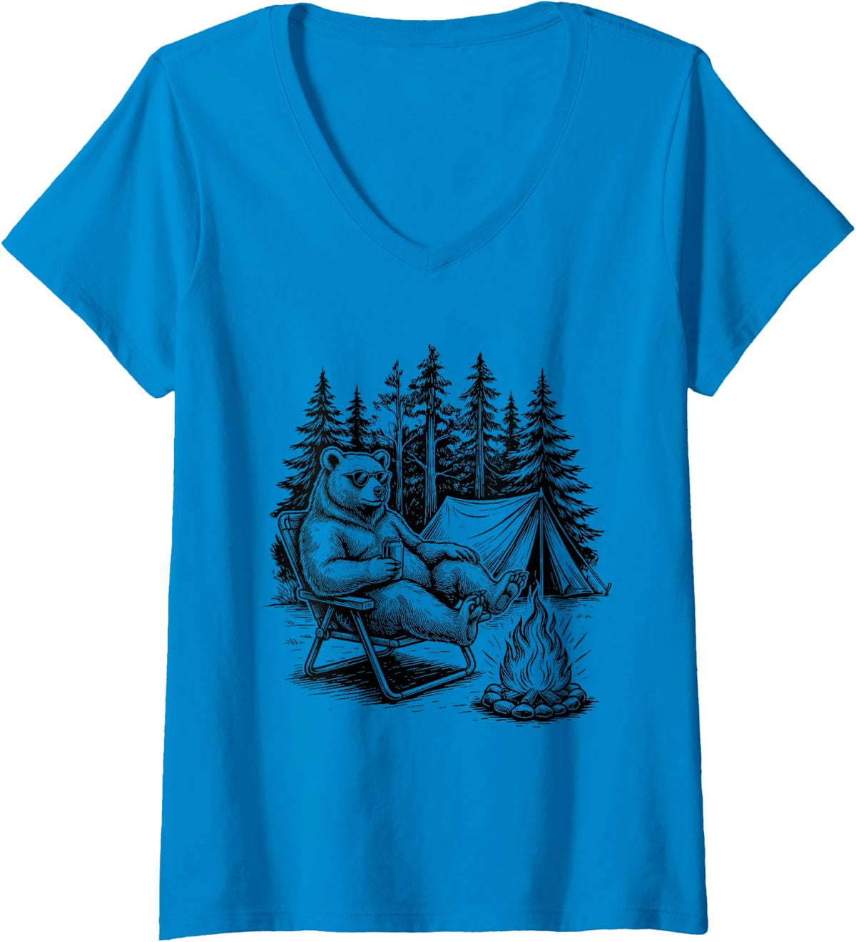 Women's Sloth Camping Nap Outdoor Camper V-Neck T-Shirt - Sapphire Blue
