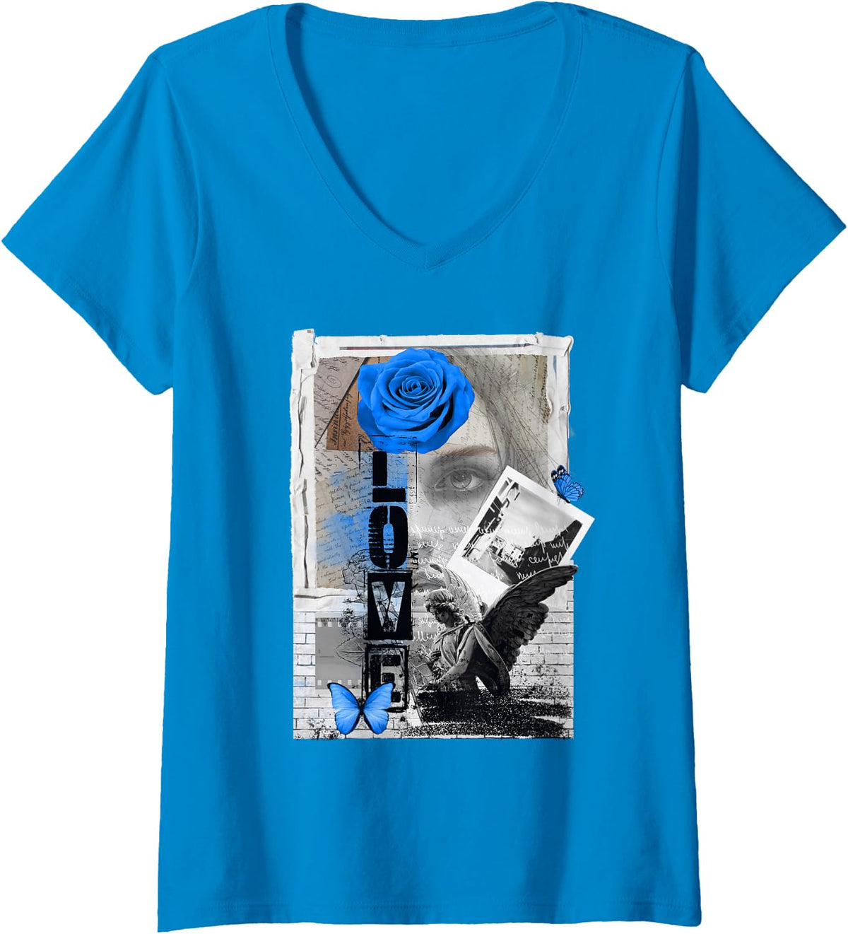 Women's Dark Romance Streetwear Graphic, Gothic Red Rose Lover V-Neck T-Shirt - Sapphire Blue