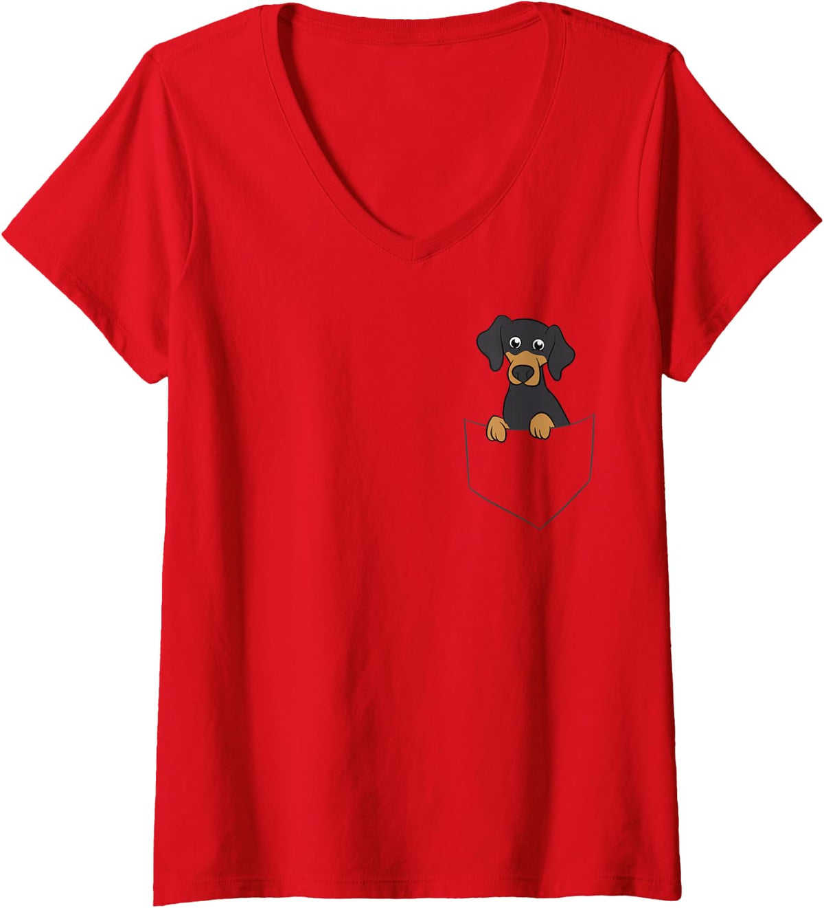 Womens Cute Dachshund in Pocket Dog in Pocket Funny Dachshund V-Neck T-Shirt - Red