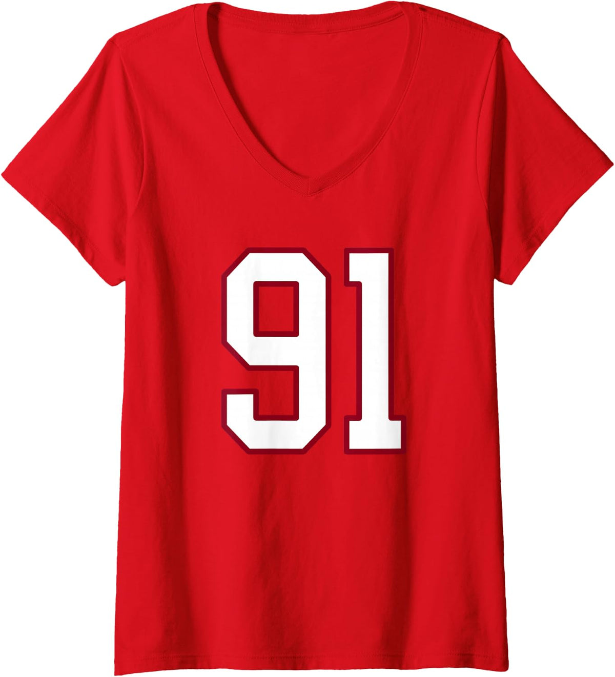 Women's Maroon and White Number 91 Jersey Player Uniform #91 V-Neck T-Shirt - Red