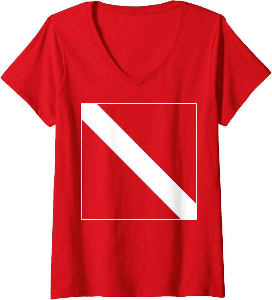 Women's Dive Flag Scuba Diving V-Neck T-Shirt - Red
