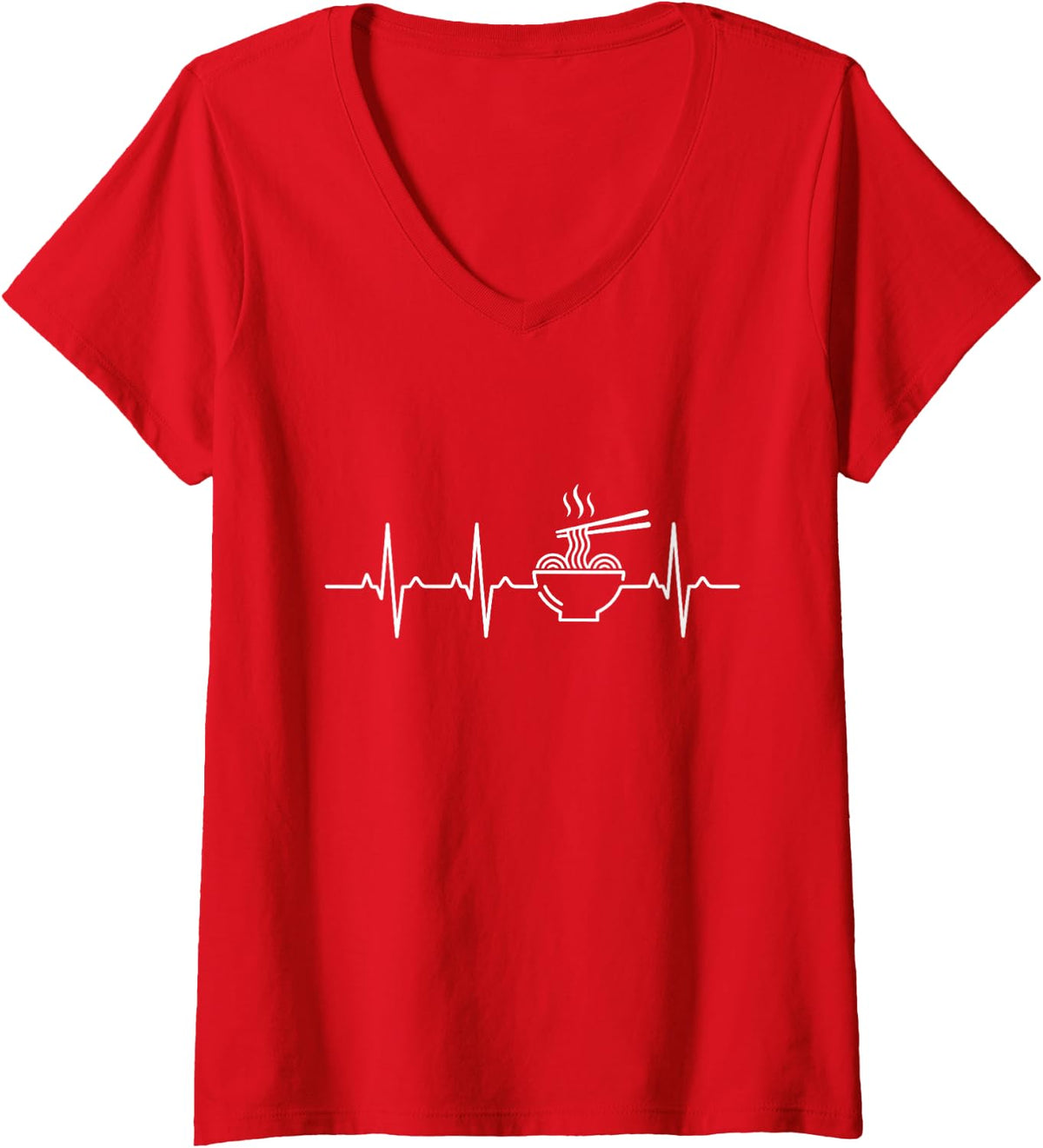 Women's Ramen Heartbeat EKG Japanese Noodle Lover Line Art V-Neck T-Shirt - Red