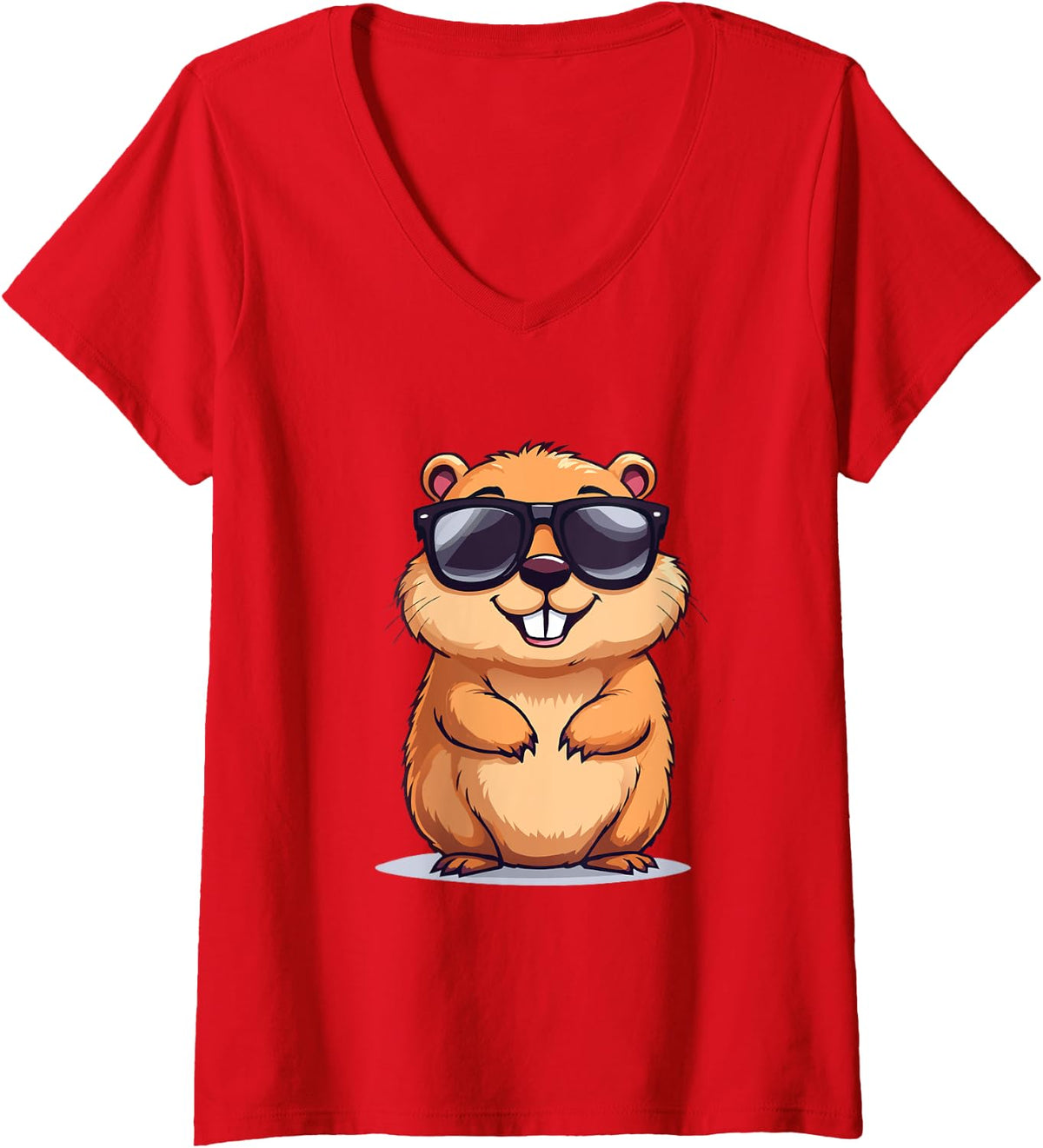 Womens Happy Groundhog Day Ground Hog With Hat Animal Lover Tee V-Neck T-Shirt - Red