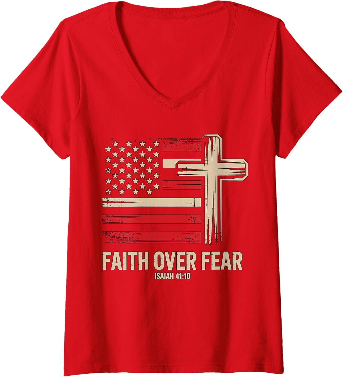 Women's Faith Over Fear American Flag V-Neck T-Shirt - Red