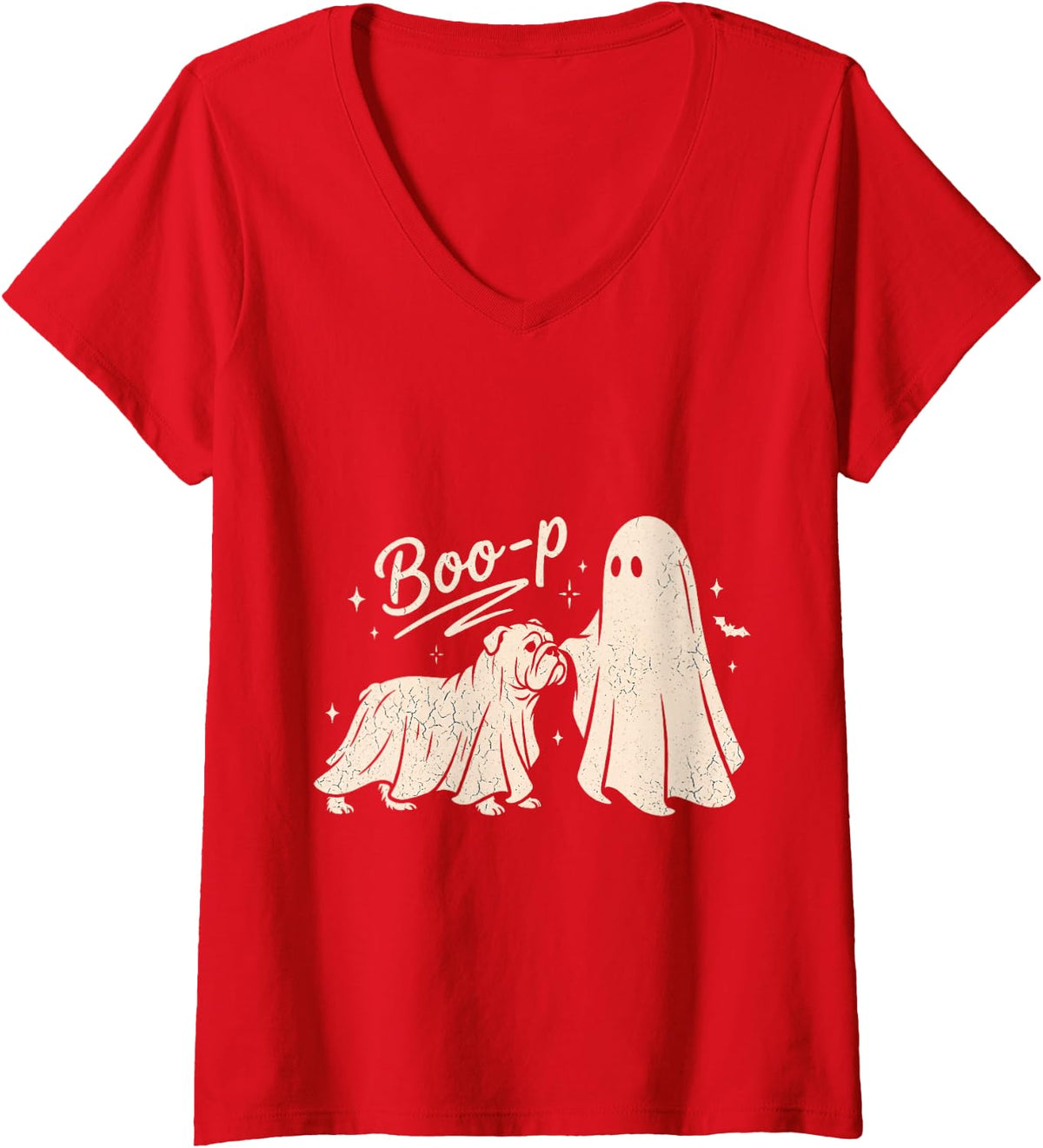 Women's Funny Spooky Season Bulldog Halloween Boo-P Ghost Dog V-Neck T-Shirt - Red