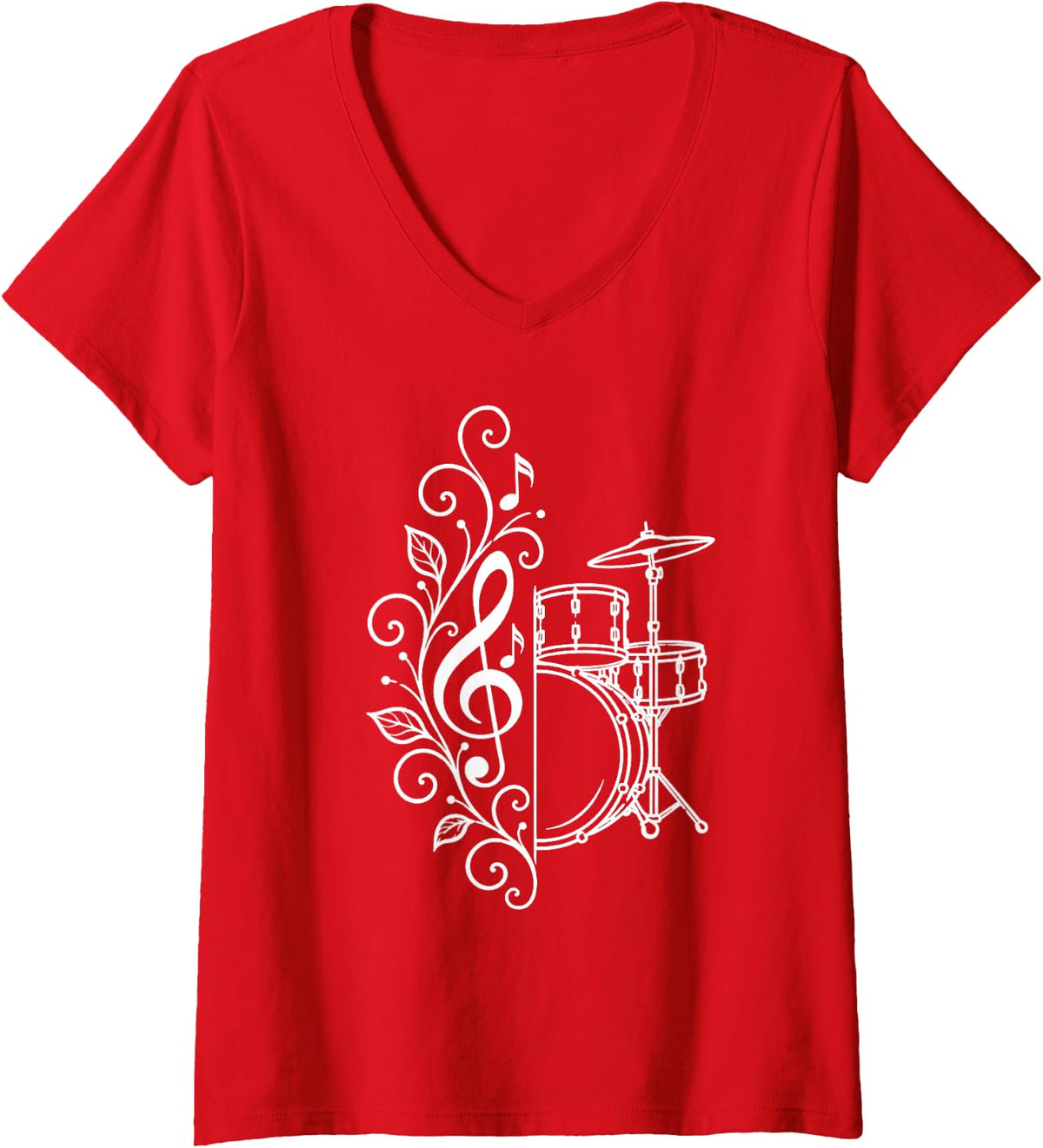 Women's Drummer Floral Drum Set White Clef Percussionist Musician V-Neck T-Shirt - Red