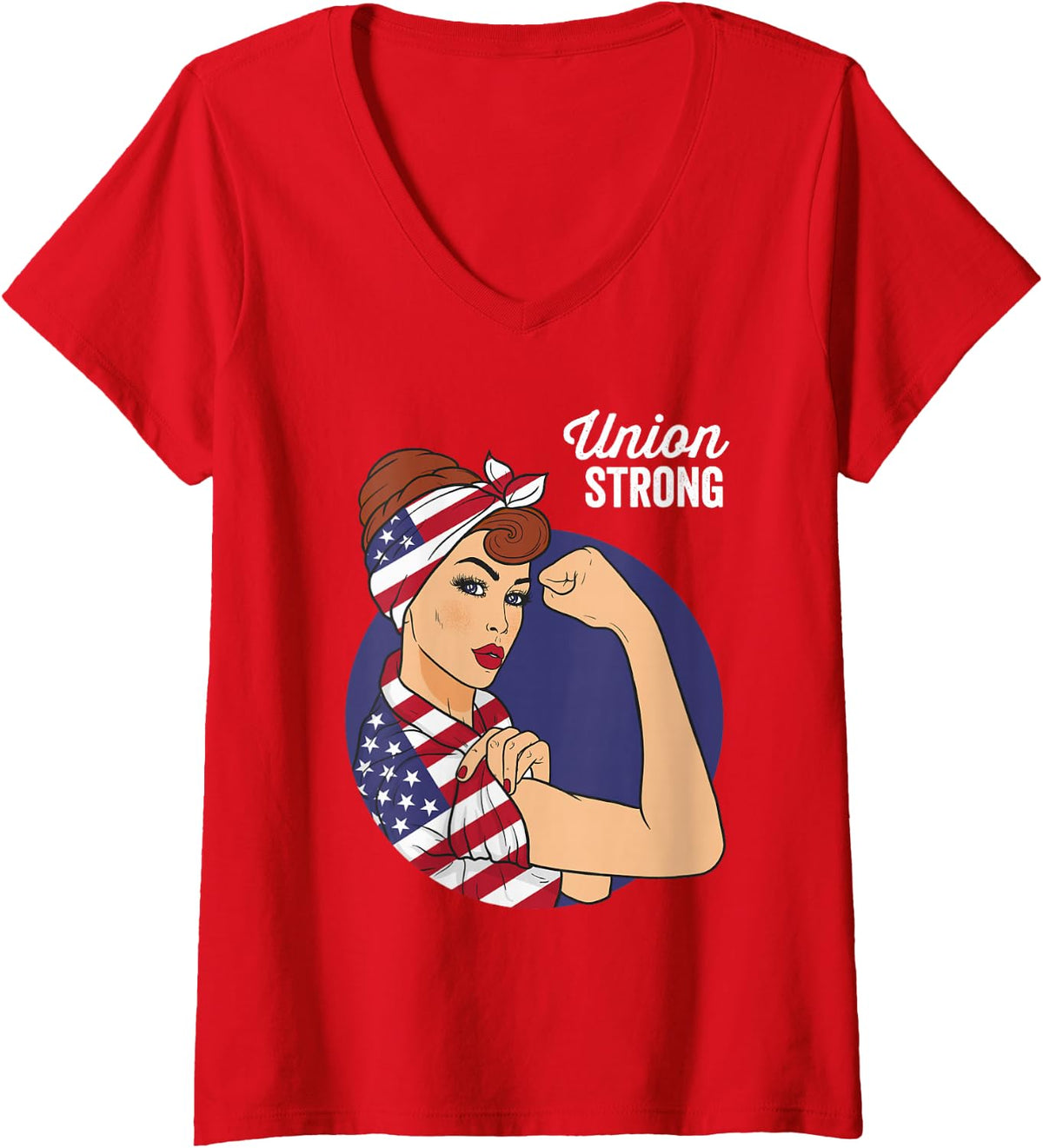 Womens Union Labor Day Shirts for Women Rosie the Riveter USA Flag V-Neck T-Shirt - Red