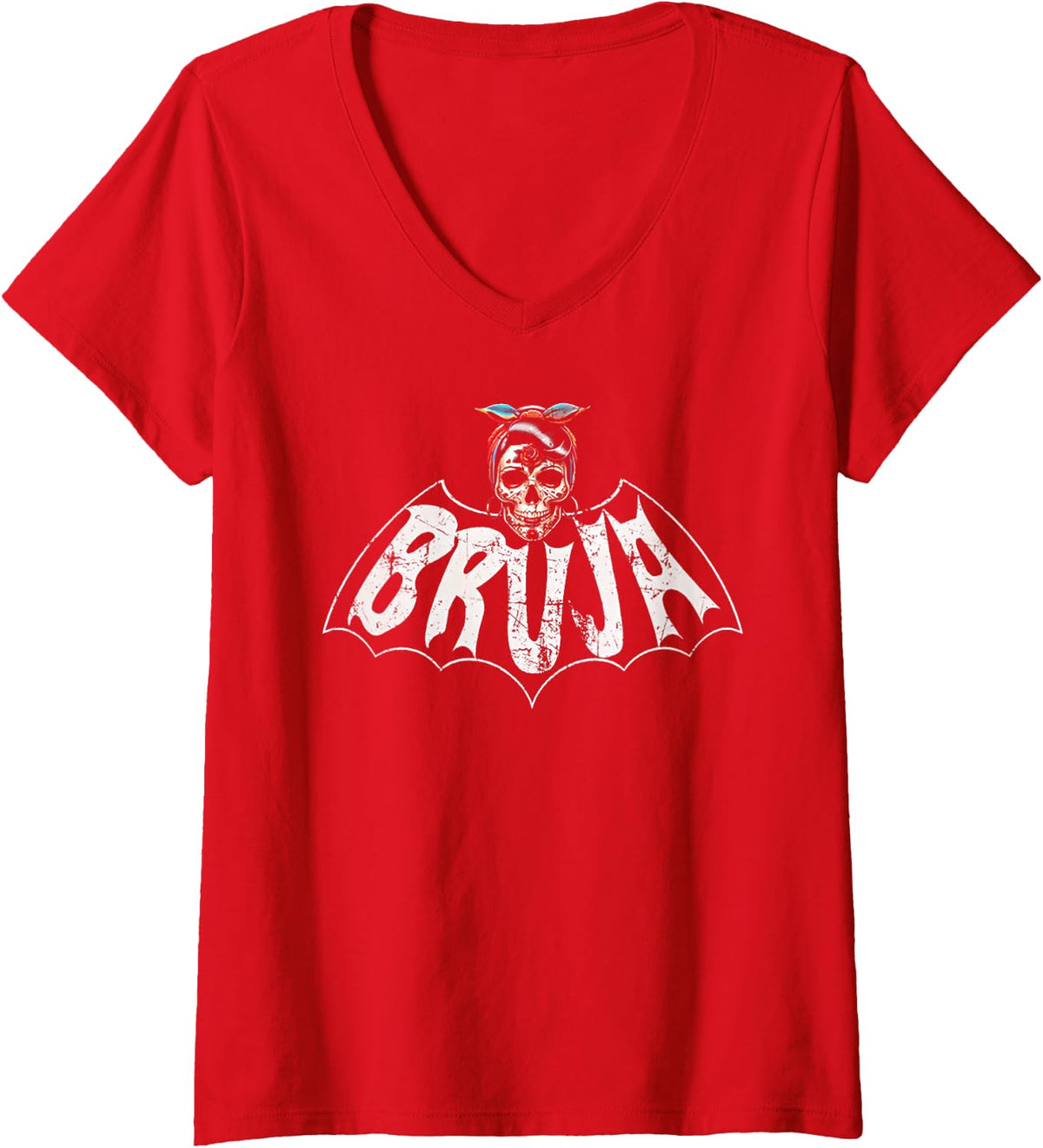 Womens Bruja Vintage Bat V-Neck T-Shirt - Red