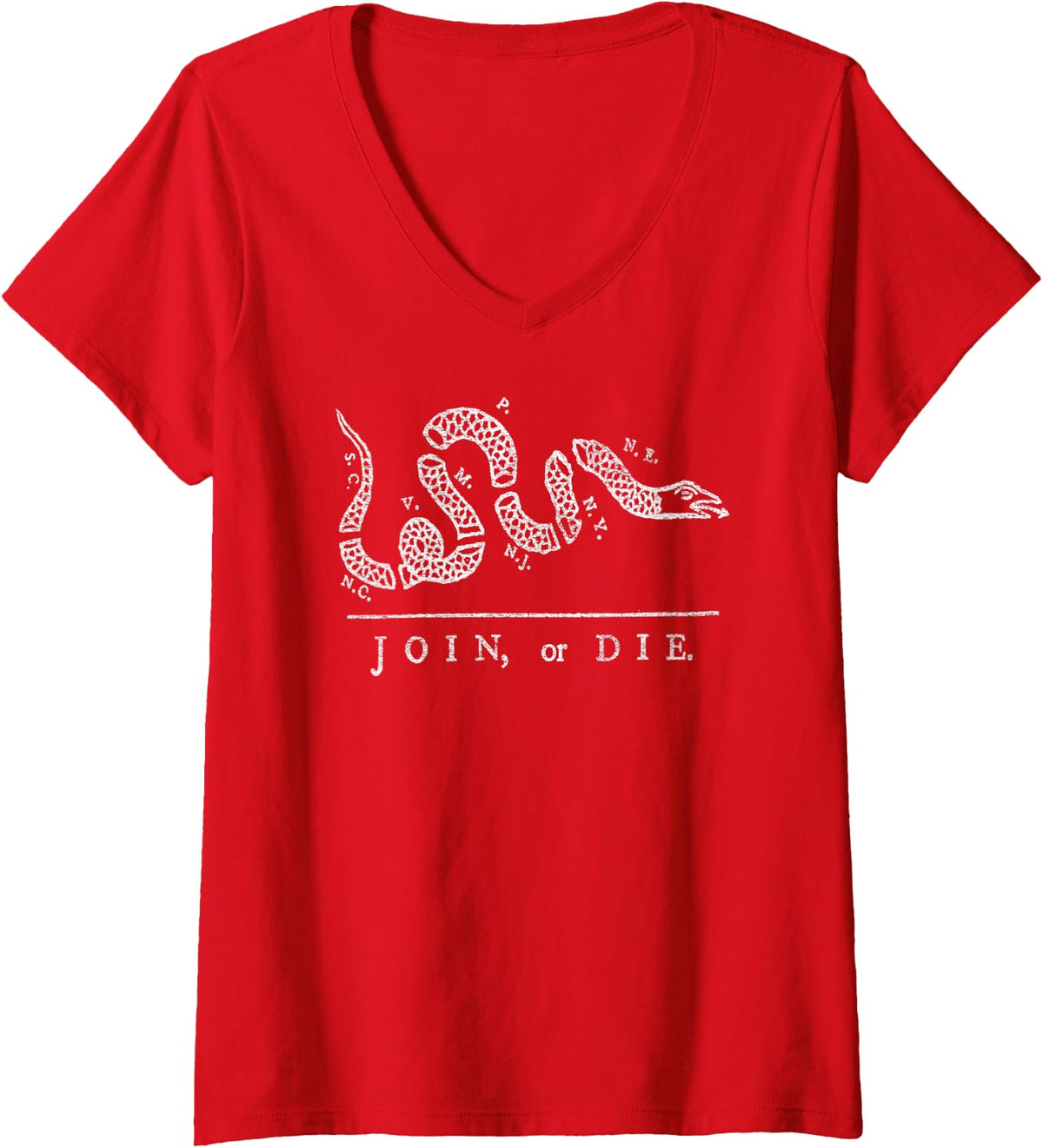 Womens JOIN OR DIE SNAKE FRANKLIN INDEPENDENCE GADSDEN 1776 FLAG V-Neck T-Shirt - Red