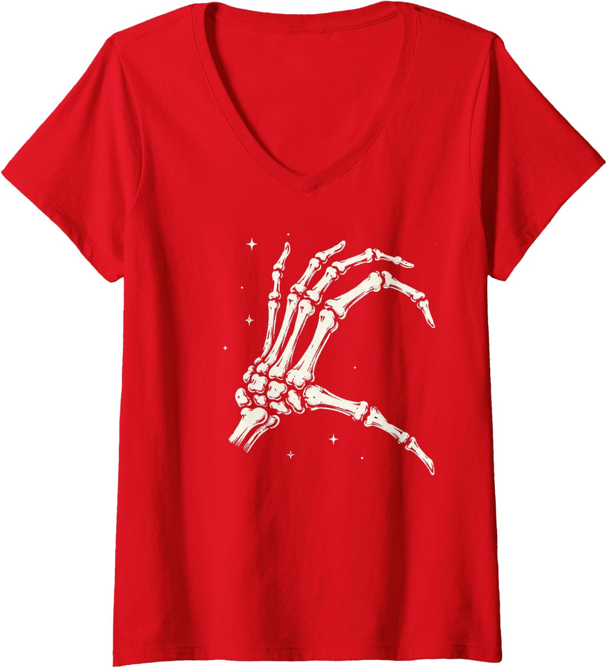 Women's Skeleton Hands Heart Sign Family and Couples Matching Retro V-Neck T-Shirt - Red