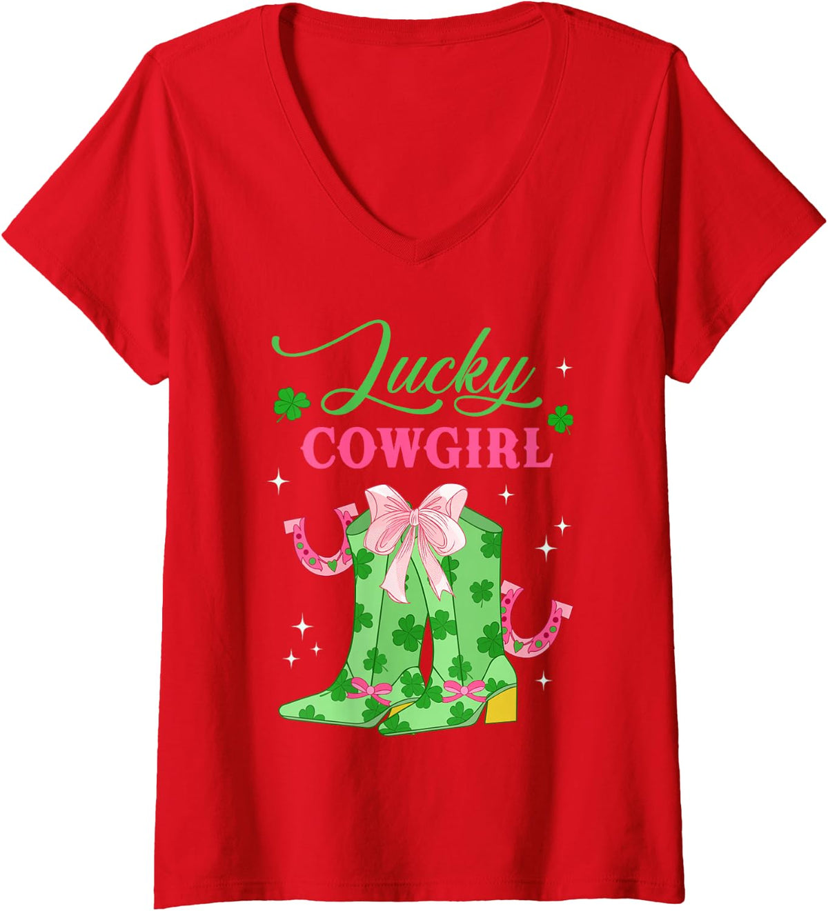Women's Lucky Cowgirl St. Patty’s Day Cowgirl Boots Pink Coquette V-Neck T-Shirt - Red