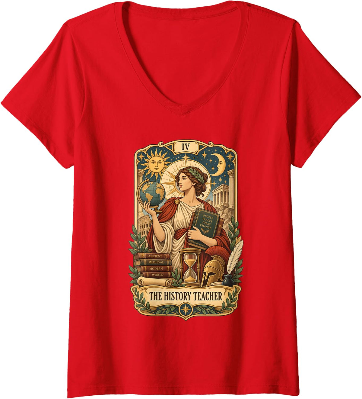 Women's The History Teacher Tarot Card Social Studies Ancient Histor V-Neck T-Shirt - Red