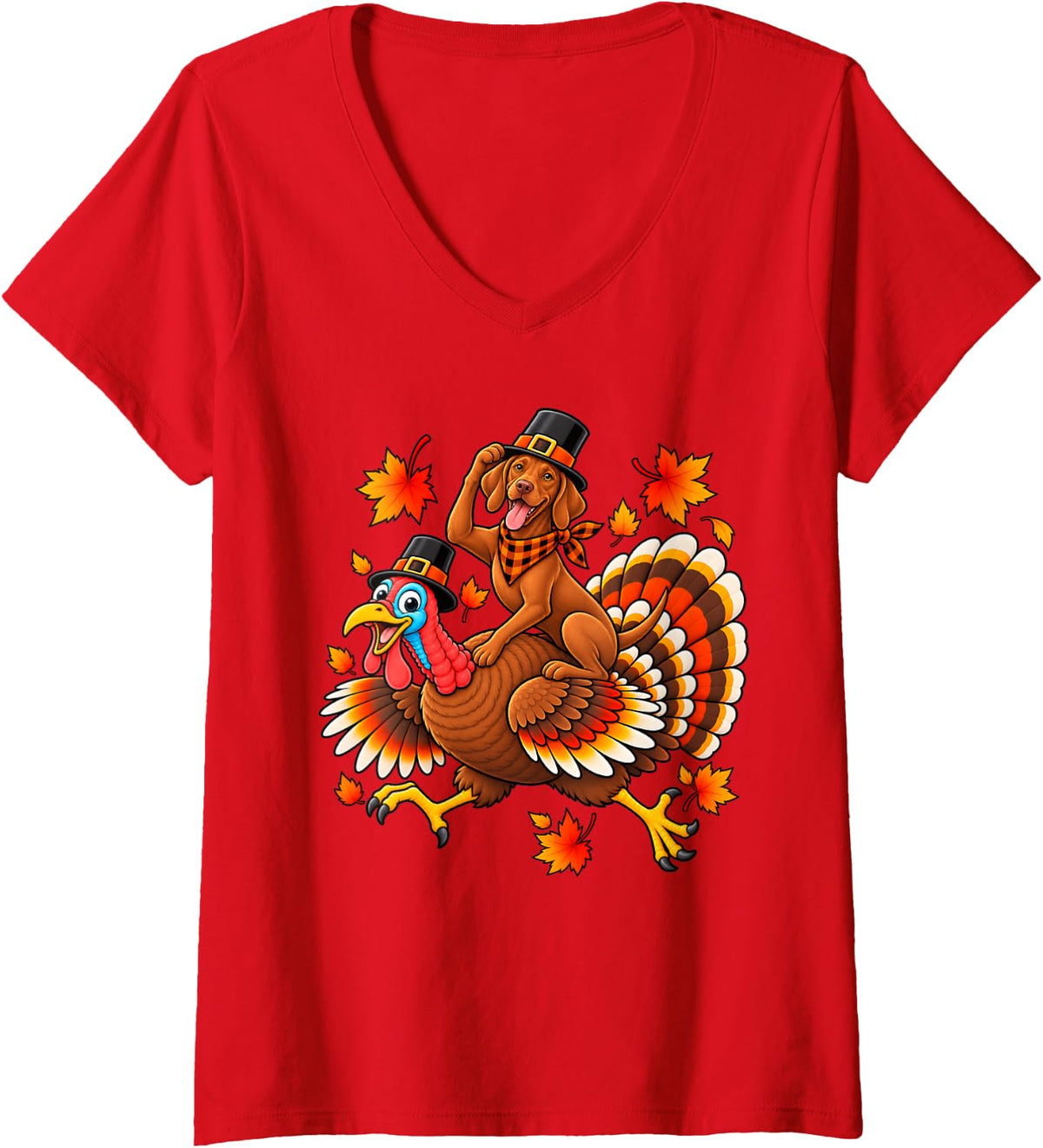 Women's Cute Pilgrim Vizsla Dog Riding Turkey Thanksgiving V-Neck T-Shirt - Red