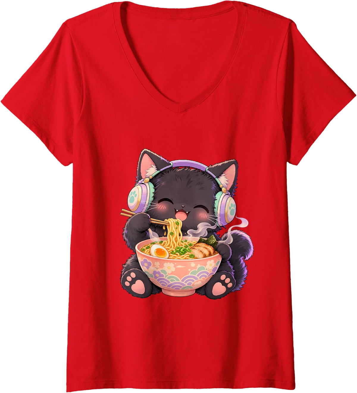 Women's Cute Kawaii Black Cat Eating Ramen Noodles Anime Art V-Neck T-Shirt - Red