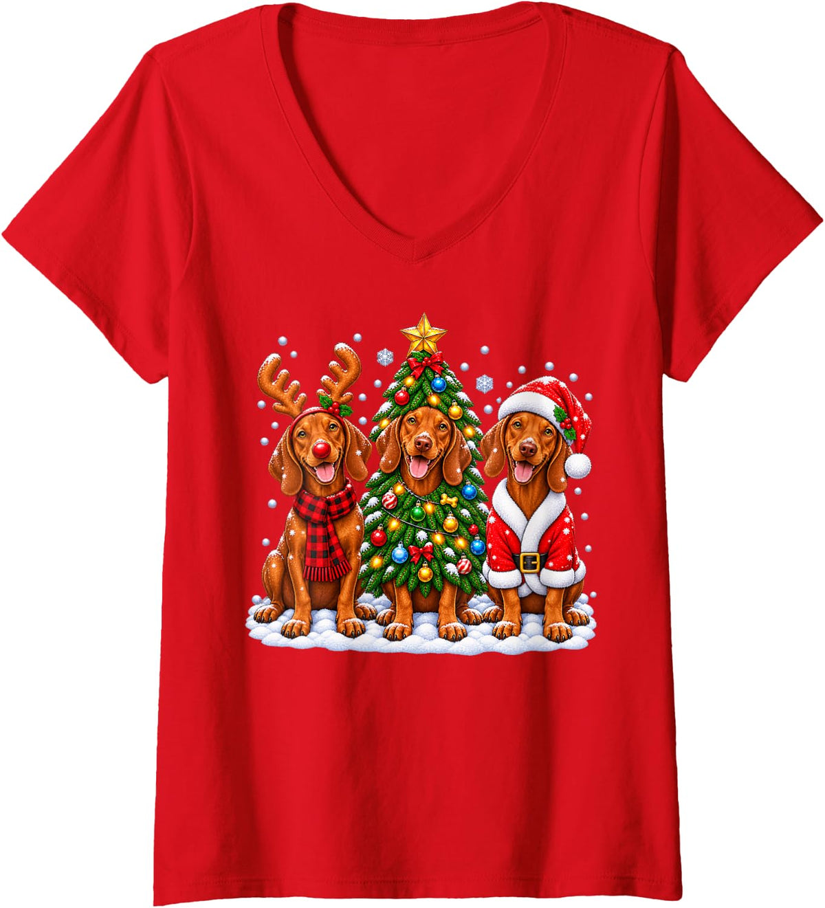 Women's Vizsla Dog Merry Christmas Santa Hat Holidays Xmas V-Neck T-Shirt - Red