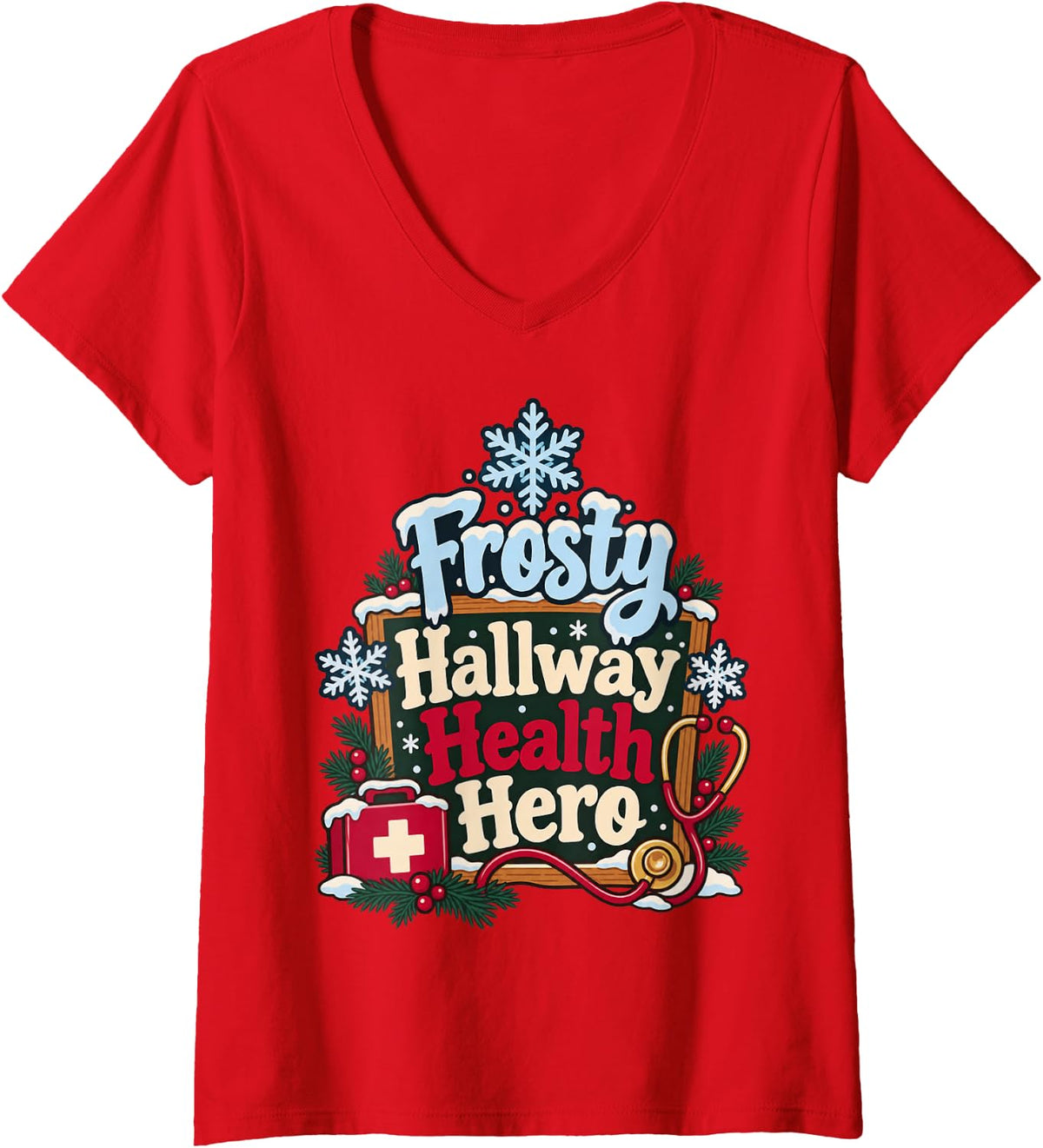 Women's School Nurse Winter Christmas Holiday Nursing Appreciation V-Neck T-Shirt - Red