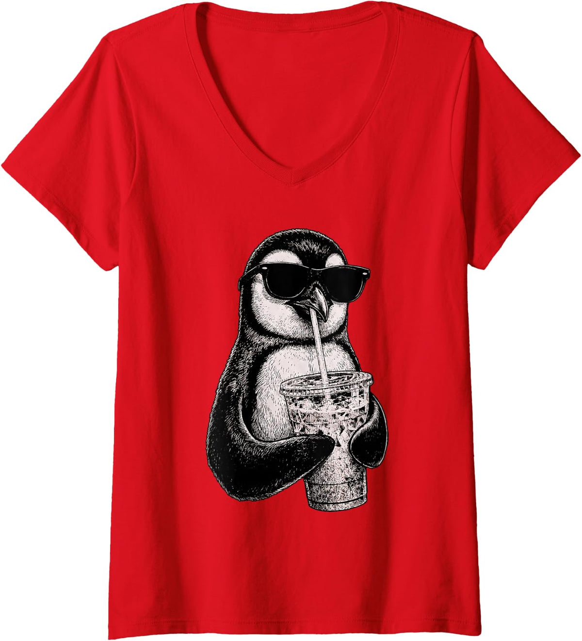 Women's Funny Penguin Drinking Iced Coffee Wildlife Animal Humor V-Neck T-Shirt - Red