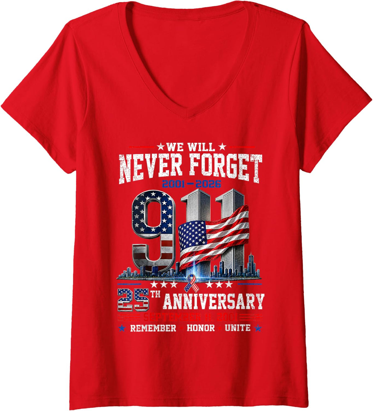 Women's 25th Anniversary September 11 2001 Memorial Day USA Flag V-Neck T-Shirt - Red