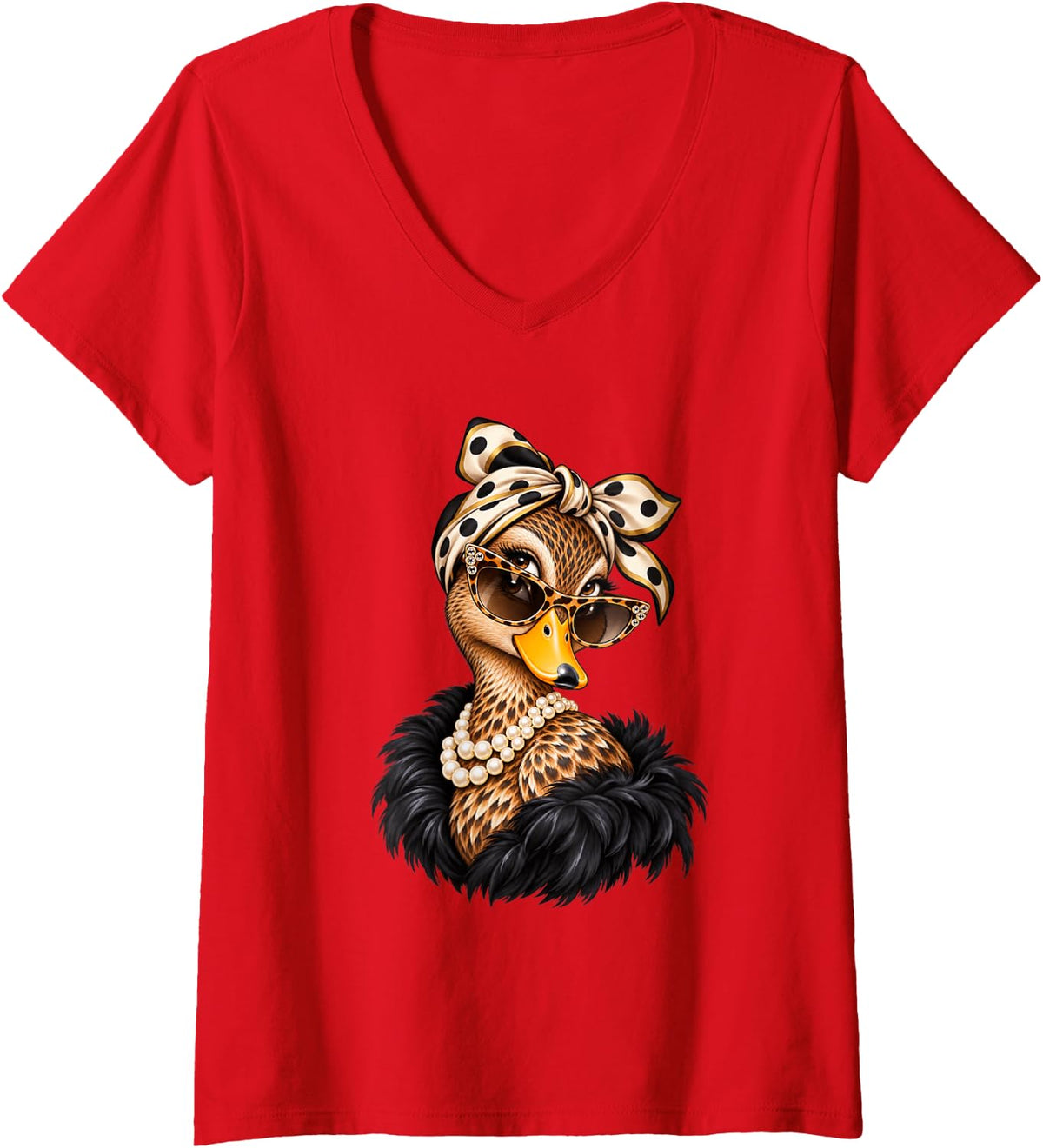 Women's Glam Mallard Duck Wearing Polka Dots Bandana Hunting V-Neck T-Shirt - Red