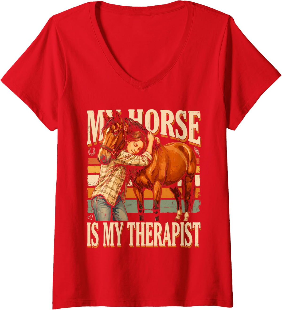 Women's My Horse is My Therapist Equestrian Riding V-Neck T-Shirt - Red