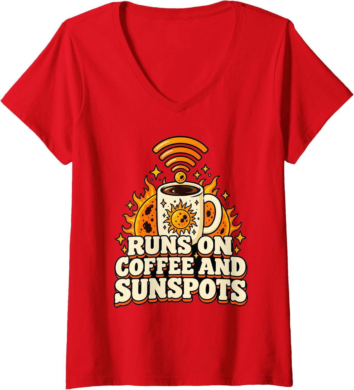 Women's Ham Radio Runs On Coffee and Sunspots Funny Operator V-Neck T-Shirt - Red