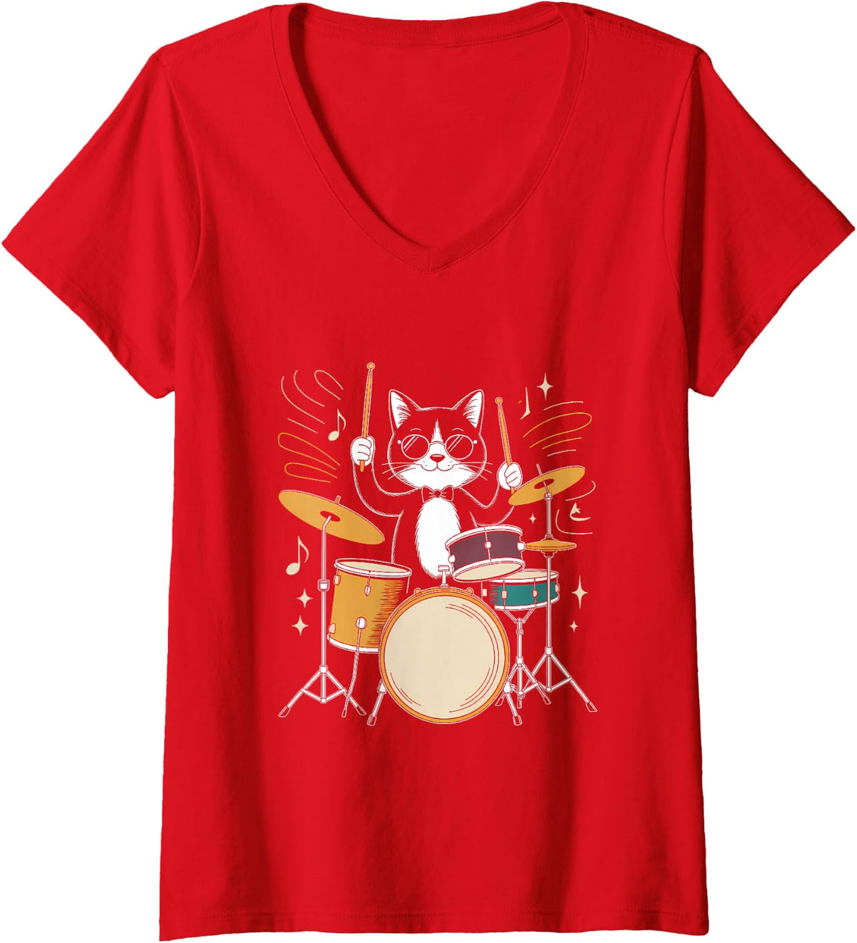 Women's Sunglasses Cat Drummer Jazz Percussion Music V-Neck T-Shirt - Red