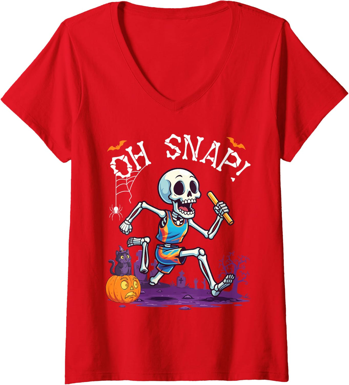 Women's Oh Snap Skeleton Playing Track and Field Spooky Halloween V-Neck T-Shirt - Red