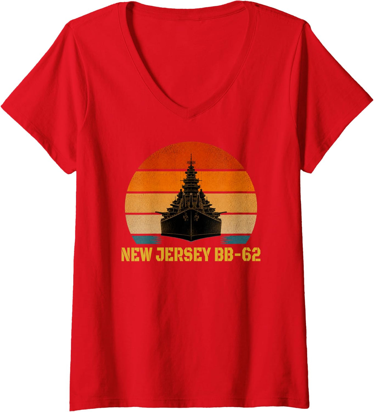 Women's Sunset & Battleship USS New Jersey BB-62 Veterans Day Sailor V-Neck T-Shirt - Red