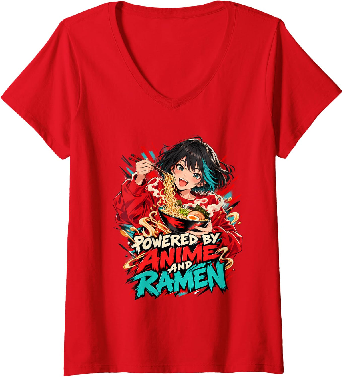 Women's Powered By Anime and Ramen Japanese Noodle Lover V-Neck T-Shirt - Red