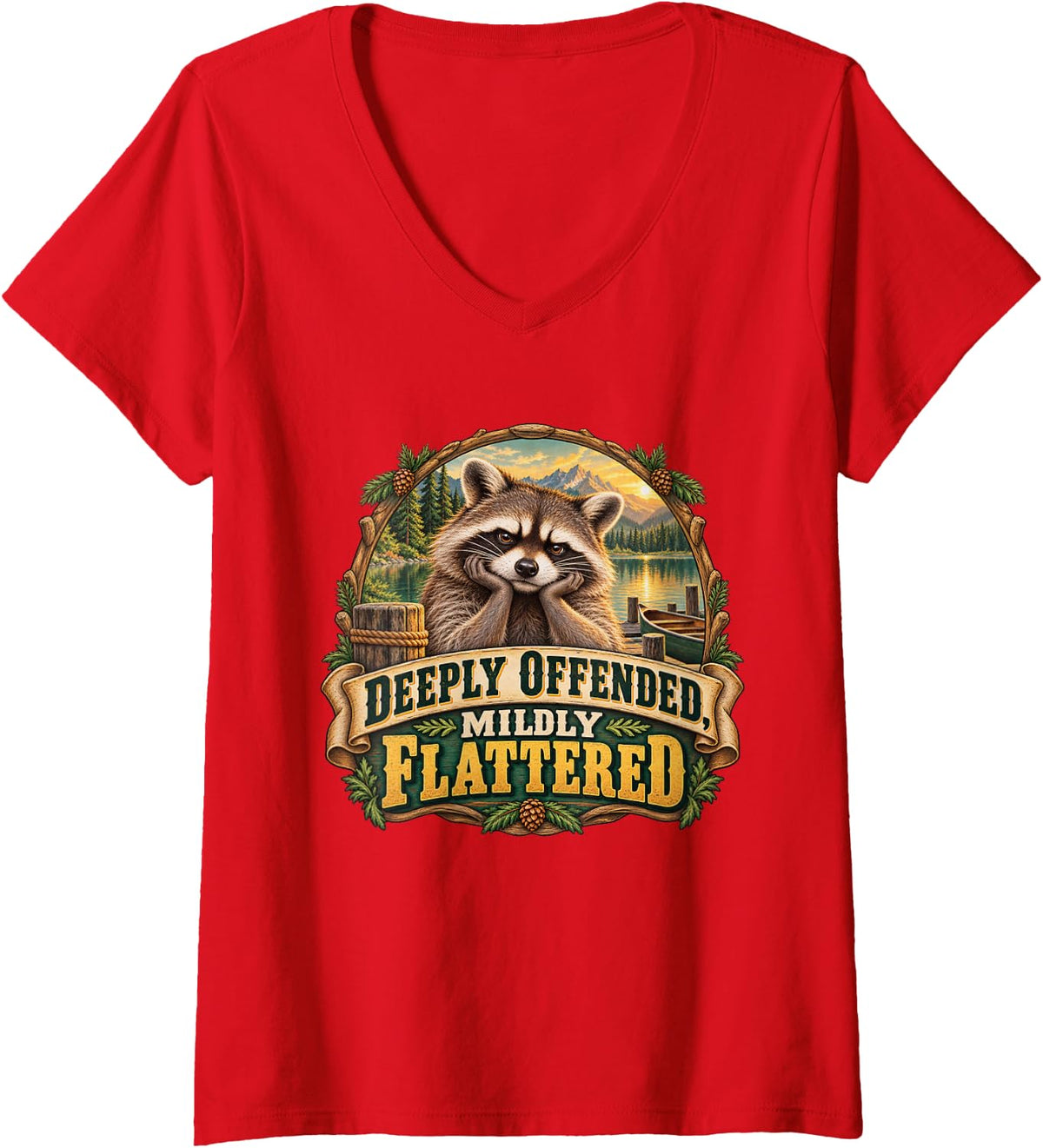 Women's Deeply Offended, Mildly Flattered Funny Raccoon Meme V-Neck T-Shirt - Red