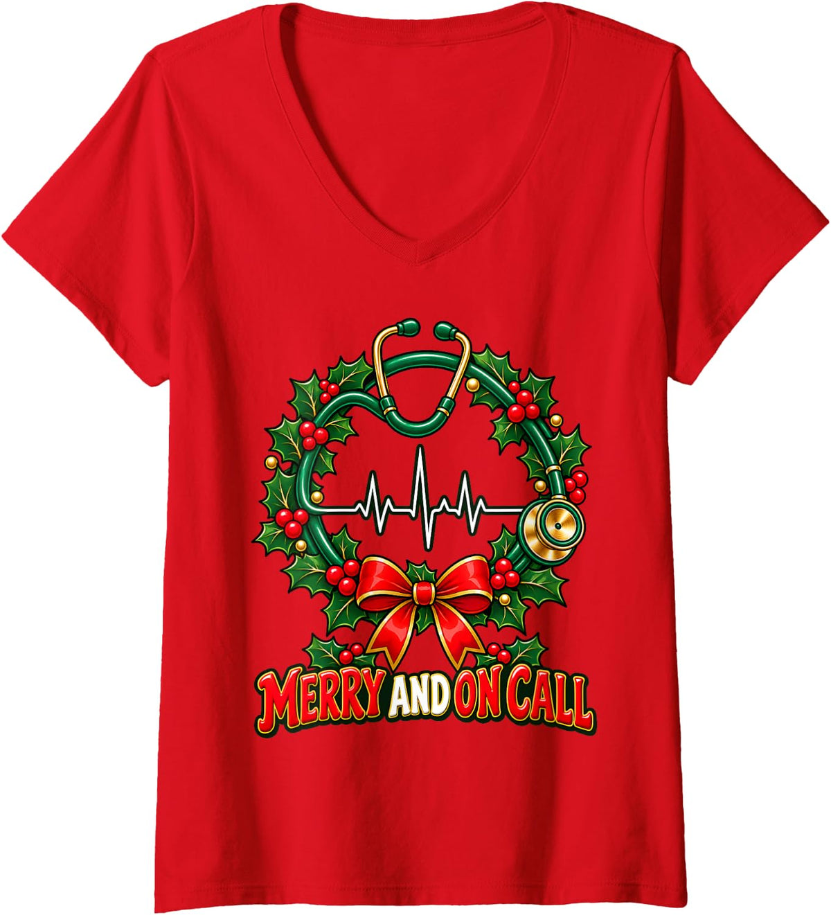 Women's Merry and On Call Christmas Nurse Stethoscope Wreath V-Neck T-Shirt - Red