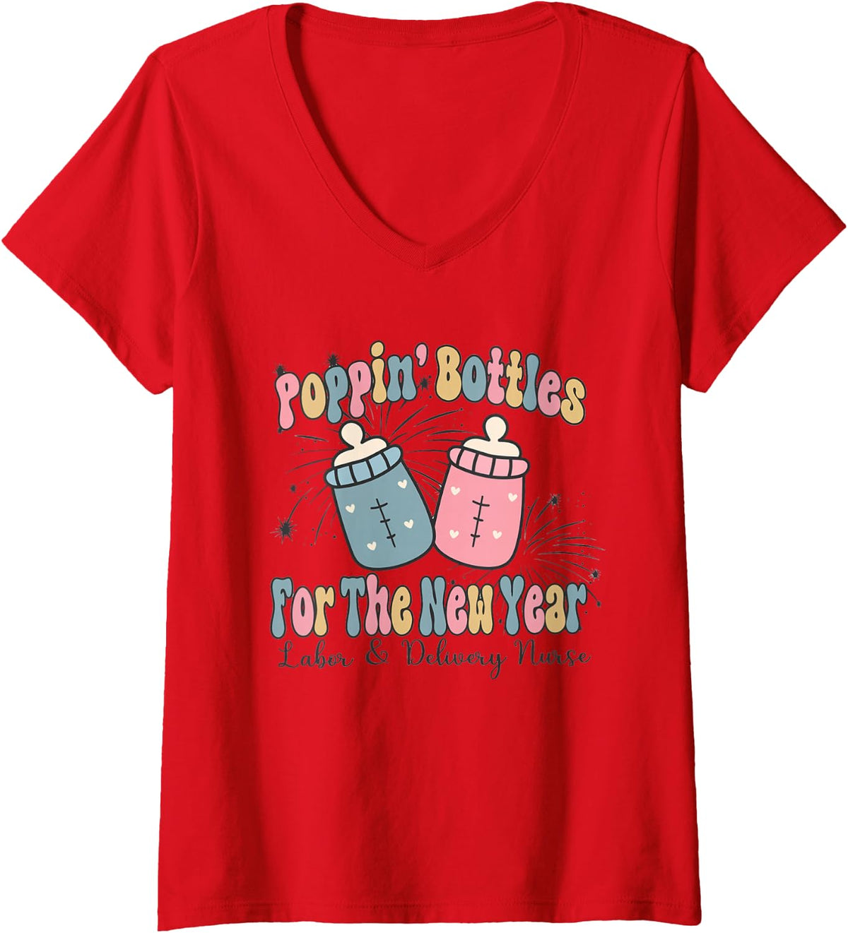 Women's Women Retro Poppin' Bottles for The New Year Labor Delivery V-Neck T-Shirt - Red