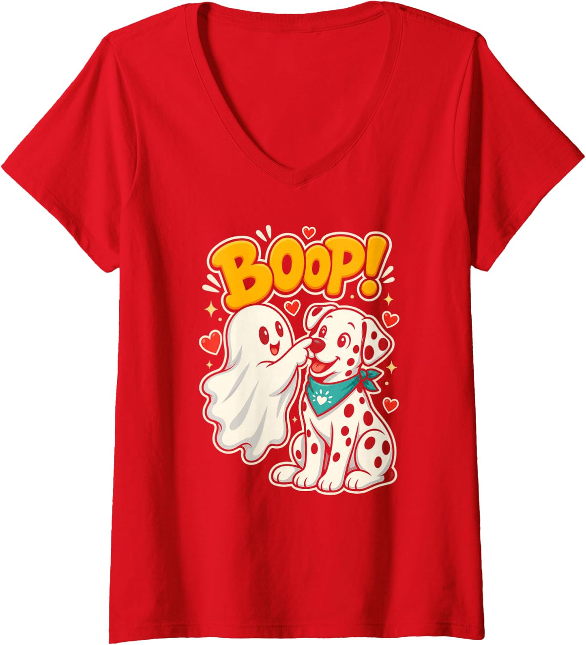 Women's Halloween Dalmatian Dog Lover Ghost Boop V-Neck T-Shirt - Red