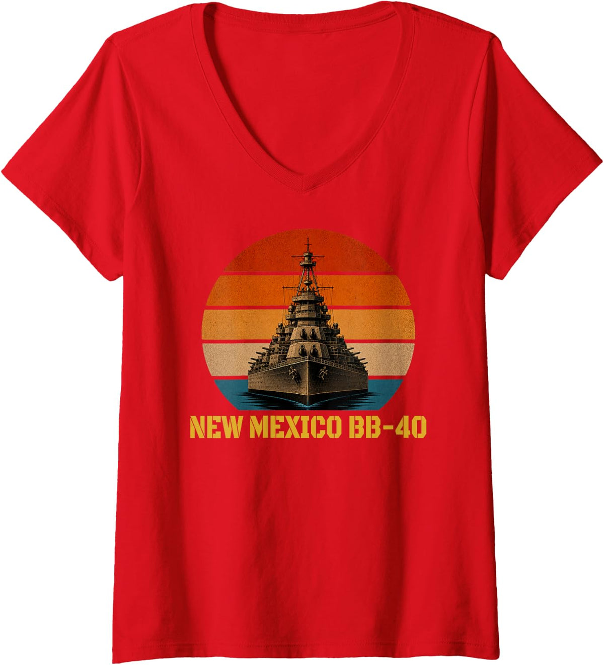 Women's Sunset & Battleship USS New Mexico BB-40 Veterans Day Sailor V-Neck T-Shirt - Red