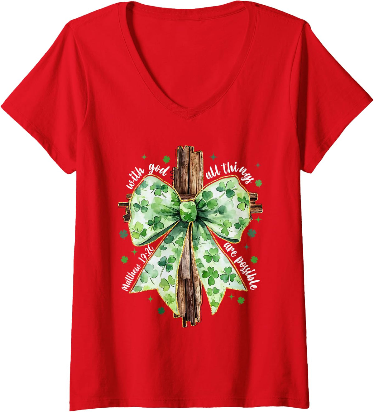 Women's Jesus Christian Coquette Bow St Patrick's Day Shamrock Irish V-Neck T-Shirt - Red