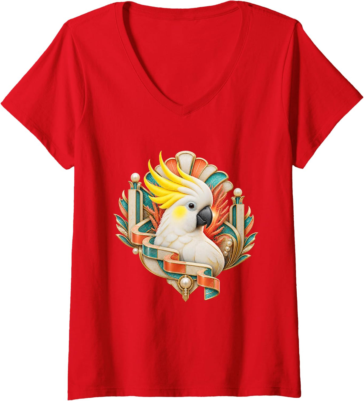 Women's Sulphur-Crested Cockatoo in Coral Deco Fan V-Neck T-Shirt - Red