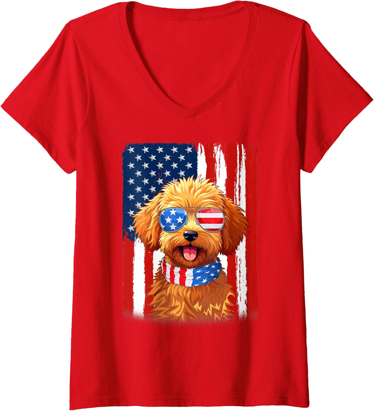 Womens USA America Flag Maltipoo Dog 4th of July Patriotic V-Neck T-Shirt - Red
