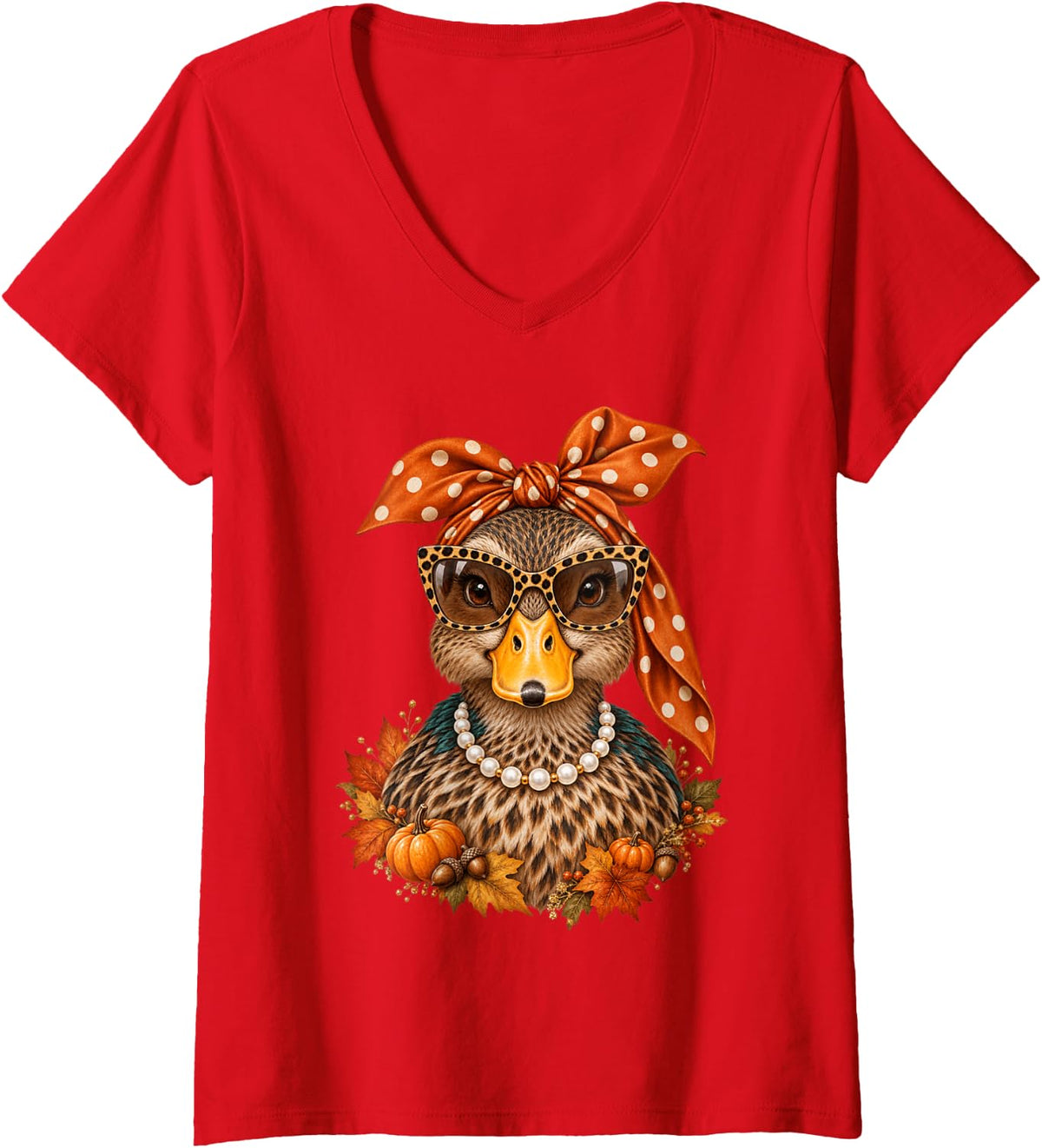 Women's Autumn Mallard Duck Leopard Glasses Polka Dot Bandana Season V-Neck T-Shirt - Red