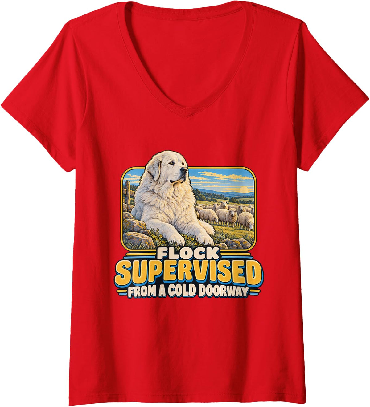 Women's Flock Supervised from A Cold Doorway Dog Lover Graphic V-Neck T-Shirt - Red