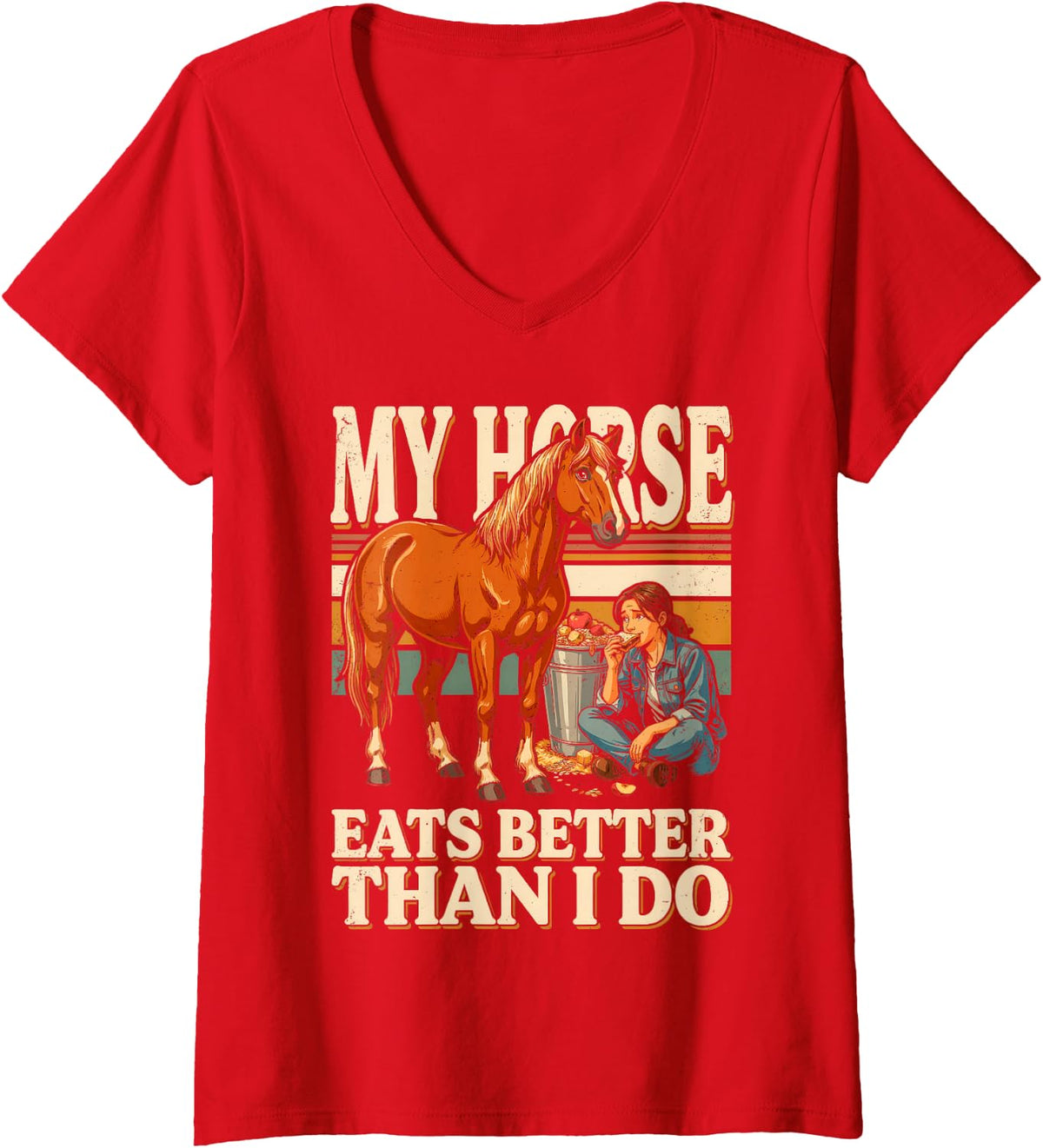Women's My Horse Eats Better Than I Do Equestrian Humor V-Neck T-Shirt - Red