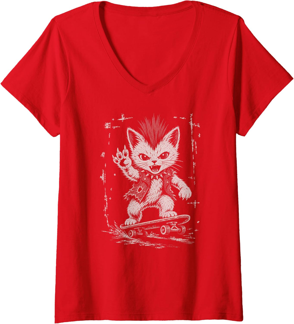 Women's Punk Rock Kitten Skateboard Cat V-Neck T-Shirt - Red