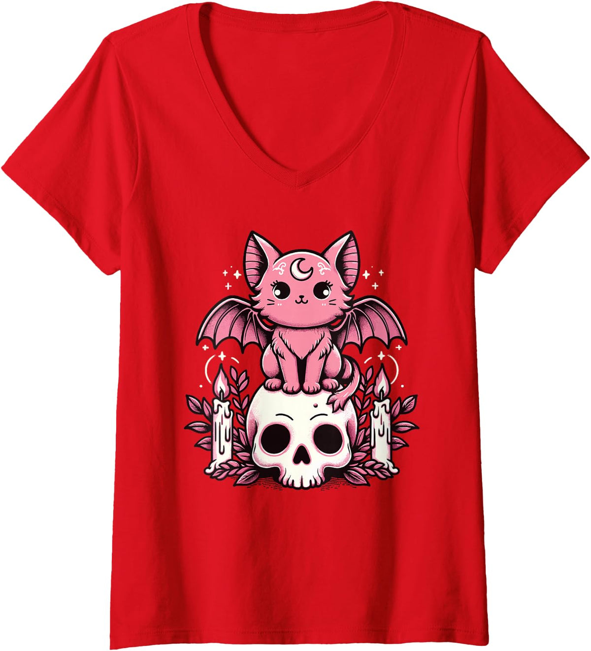 Womens Kawaii Pastel Goth Cute Creepy Cat Bat Skeleton V-Neck T-Shirt - Red