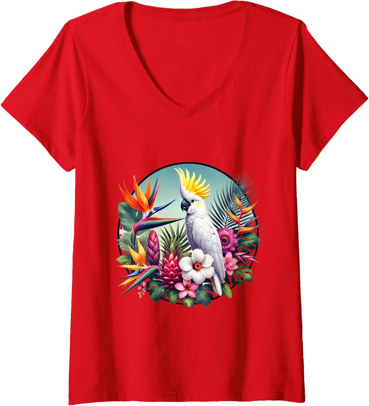 Women's Cockatoo Tropical Bird Flowers and Plants V-Neck T-Shirt - Red