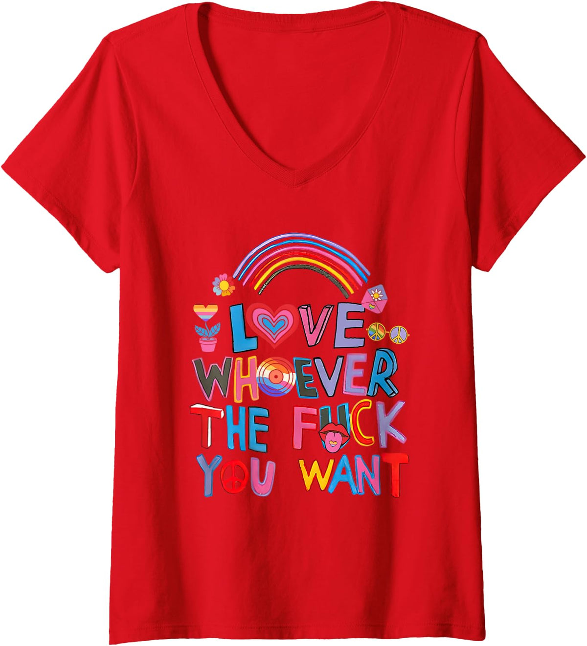 Womens Love Whoever The F You Want LGBTQ Rainbow Pride Cute Hearts V-Neck T-Shirt - Red