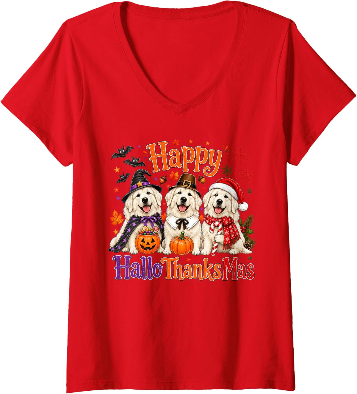 Women's Great Pyrenees Happy Hallothanksmas Halloween Thanksgiving V-Neck T-Shirt - Red