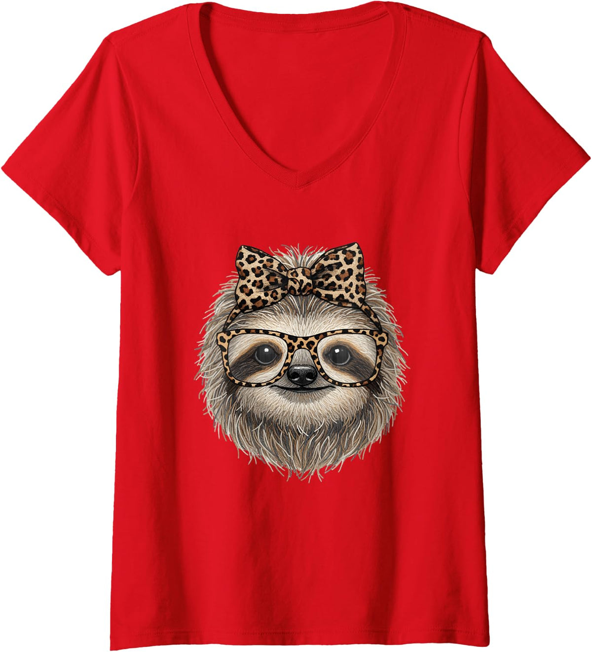 Women's Leopard Print Sloth Glasses Fashion Animal V-Neck T-Shirt - Red