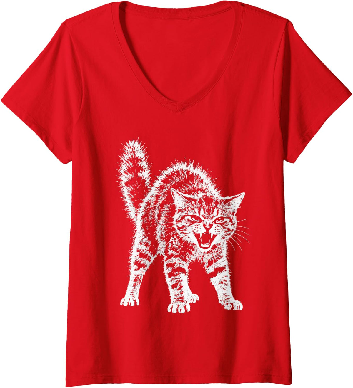 Women's Sassy Hissing Cat Y2k Grunge Aesthetic Rebellious Kitten V-Neck T-Shirt - Red
