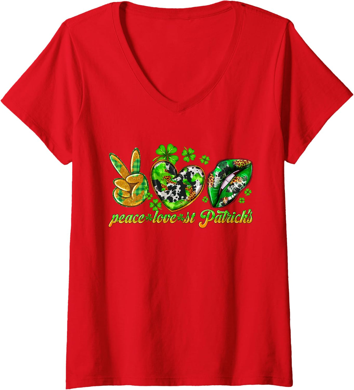 Women's Peace Love St Patricks Day Plaid Hearts Irish Leopard Lips V-Neck T-Shirt - Red