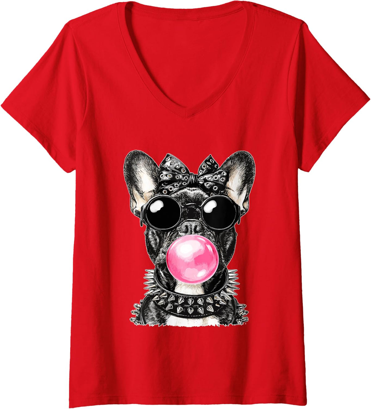 Women's French Bulldog with Sunglasses Punk Dog Bubblegum Gothic V-Neck T-Shirt - Red